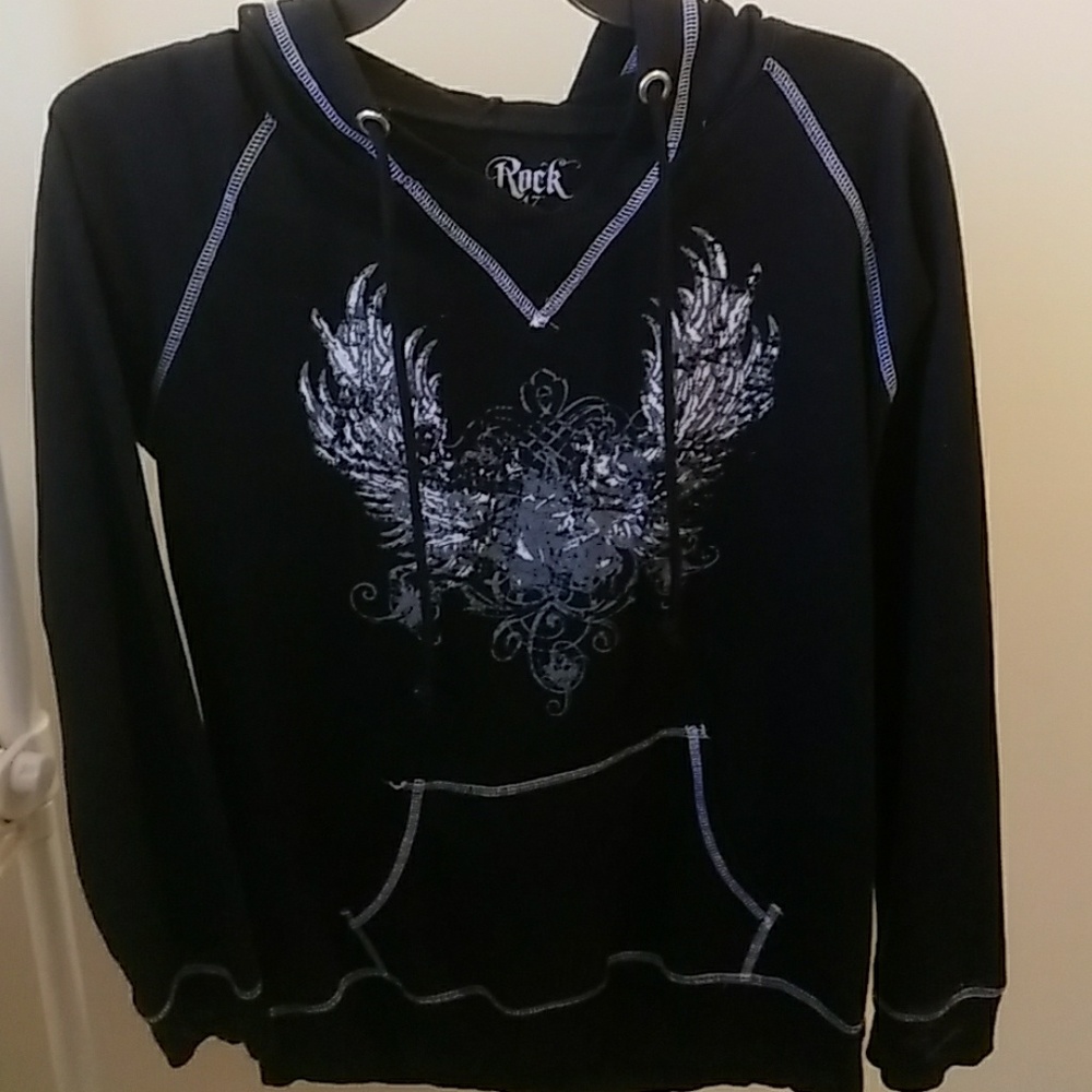 Black with white stitching and decor hoodie.